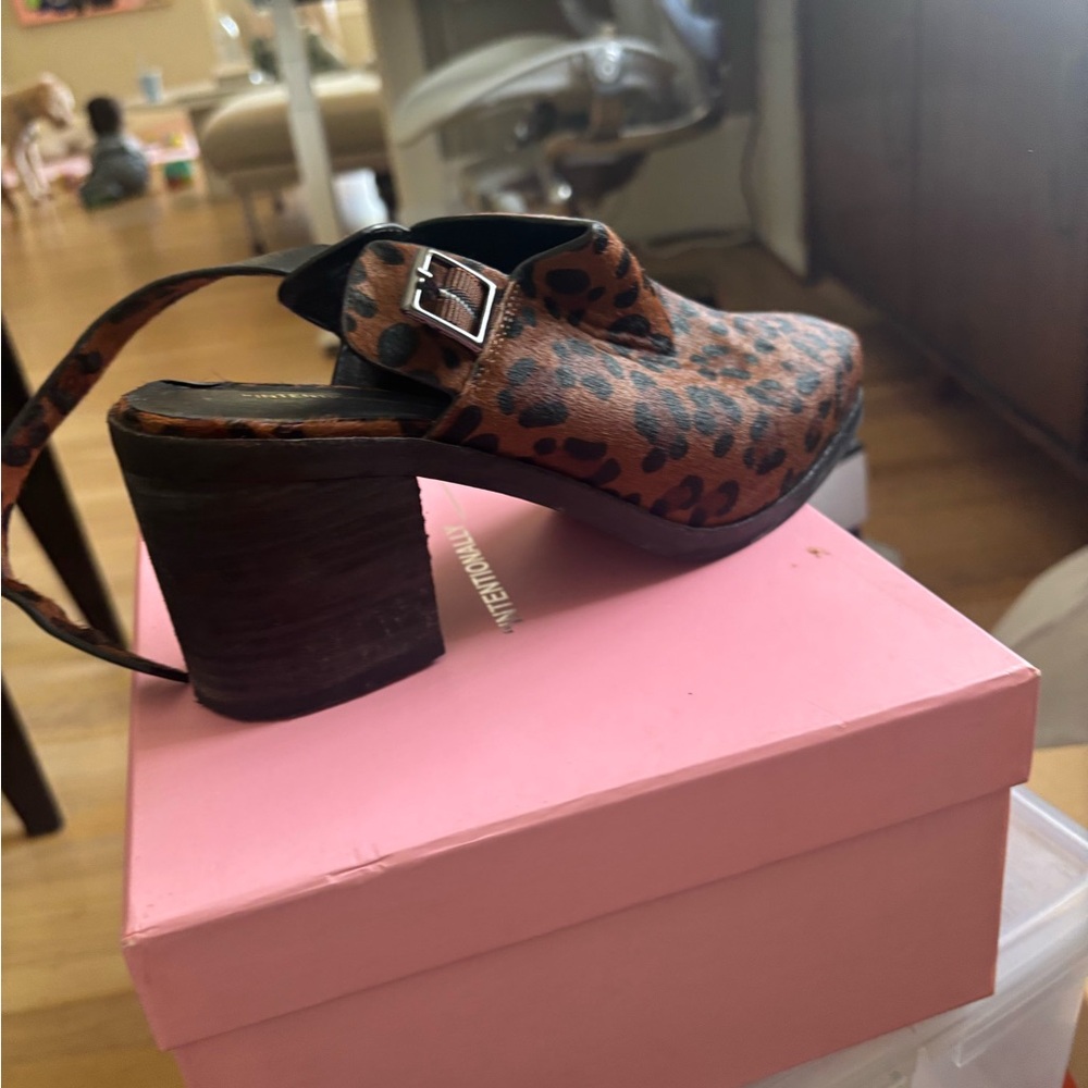 Intentionally Blank Leopard Print Block Heel Mule Sandals